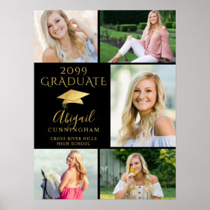 Elegant Graduate 5 Photo Collage Black Gold Poster