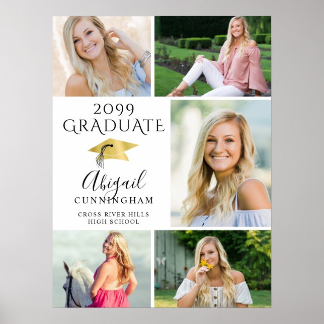 Elegant Graduate 5 Photo Collage Faux Gold Cap Poster (Front)