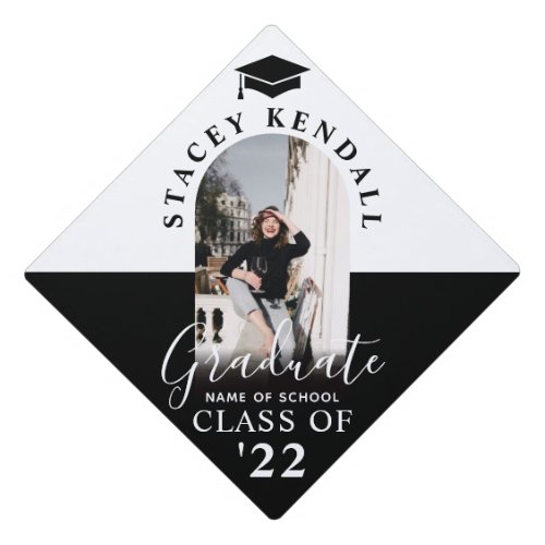 Elegant Graduate Arch Photo Black  White Graduation Cap Topper