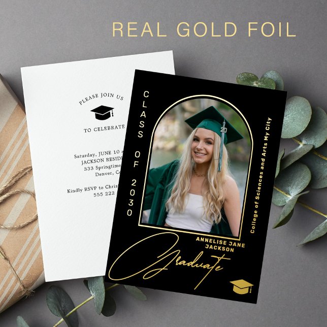 Elegant graduate arch photo graduation black gold foil invitation (Creator Uploaded)