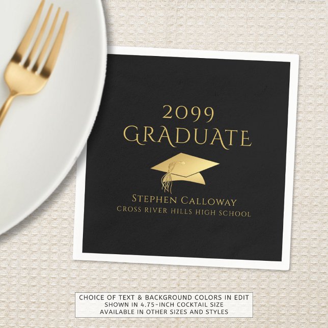 Elegant Graduate Black Faux Gold Foil Cap Name Napkins (Creator Uploaded)