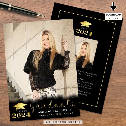 Elegant Graduate Black Faux Gold Metallic 2 Photo Announcement