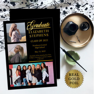Elegant Graduate Classy 3 Photo Graduation Black Foil Invitation