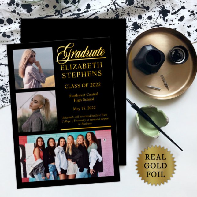Elegant Graduate Classy 3 Photo Graduation Black Foil Invitation (Creator Uploaded)