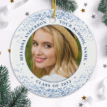 Elegant Graduate Custom 2 Photo Blue Graduation  Ceramic Ornament<br><div class="desc">Introducing our elegant and modern graduation ornament - the perfect way to commemorate your special day! This simple yet stunning keepsake features space for two personalized photos, along with your name and school year for a truly personalized touch. Whether you're celebrating a high school, college, or university graduation, this ornament...</div>