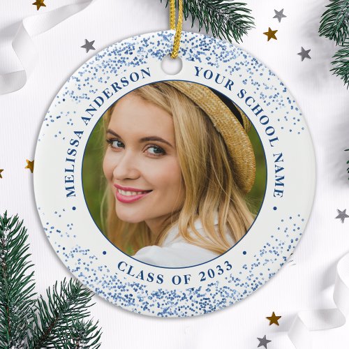 Elegant Graduate Custom 2 Photo Blue Graduation  Ceramic Ornament