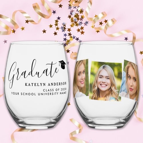 Elegant Graduate Custom 3 Photo Graduation Stemless Wine Glass