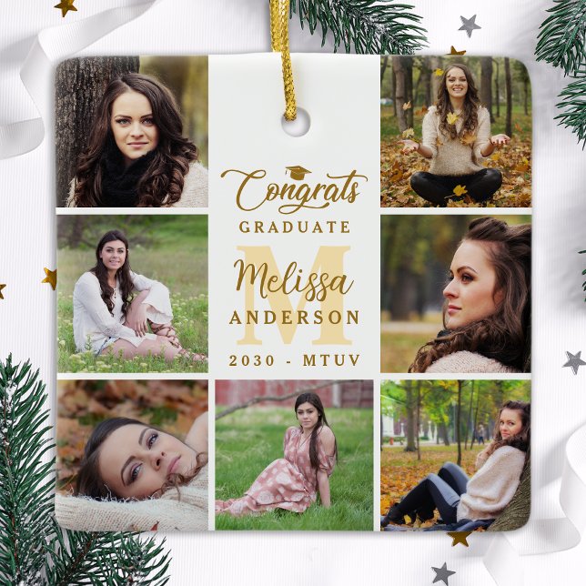 Elegant Graduate Custom 7 Photo Collage Graduation Ceramic Ornament (Creator Uploaded)