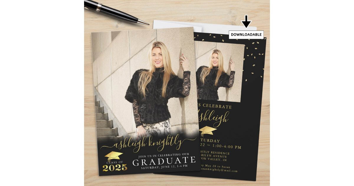 Elegant Graduate Fancy Script 2 Photos Gold 2025 Invitation | Zazzle