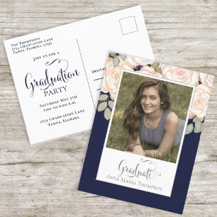 Elegant Graduate Floral Watercolor Chic Navy Blue Postcard
