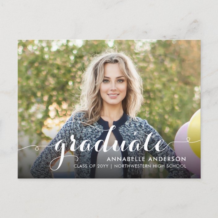 Elegant Graduate Girly Script Photo Graduation Announcement Postcard ...