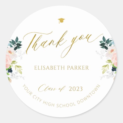 Elegant graduate gold script graduation thank you classic round sticker