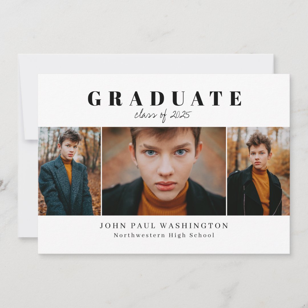 Elegant Graduate Modern Simple 3 Photo Graduation Announcement | Zazzle