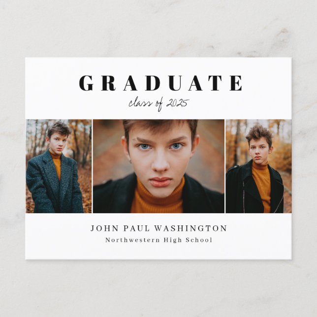 Elegant Graduate Modern Simple 3 Photo Graduation  Announcement Postcard (Front)
