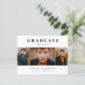 Elegant Graduate Modern Simple 3 Photo Graduation  Announcement Postcard (Standing Front)