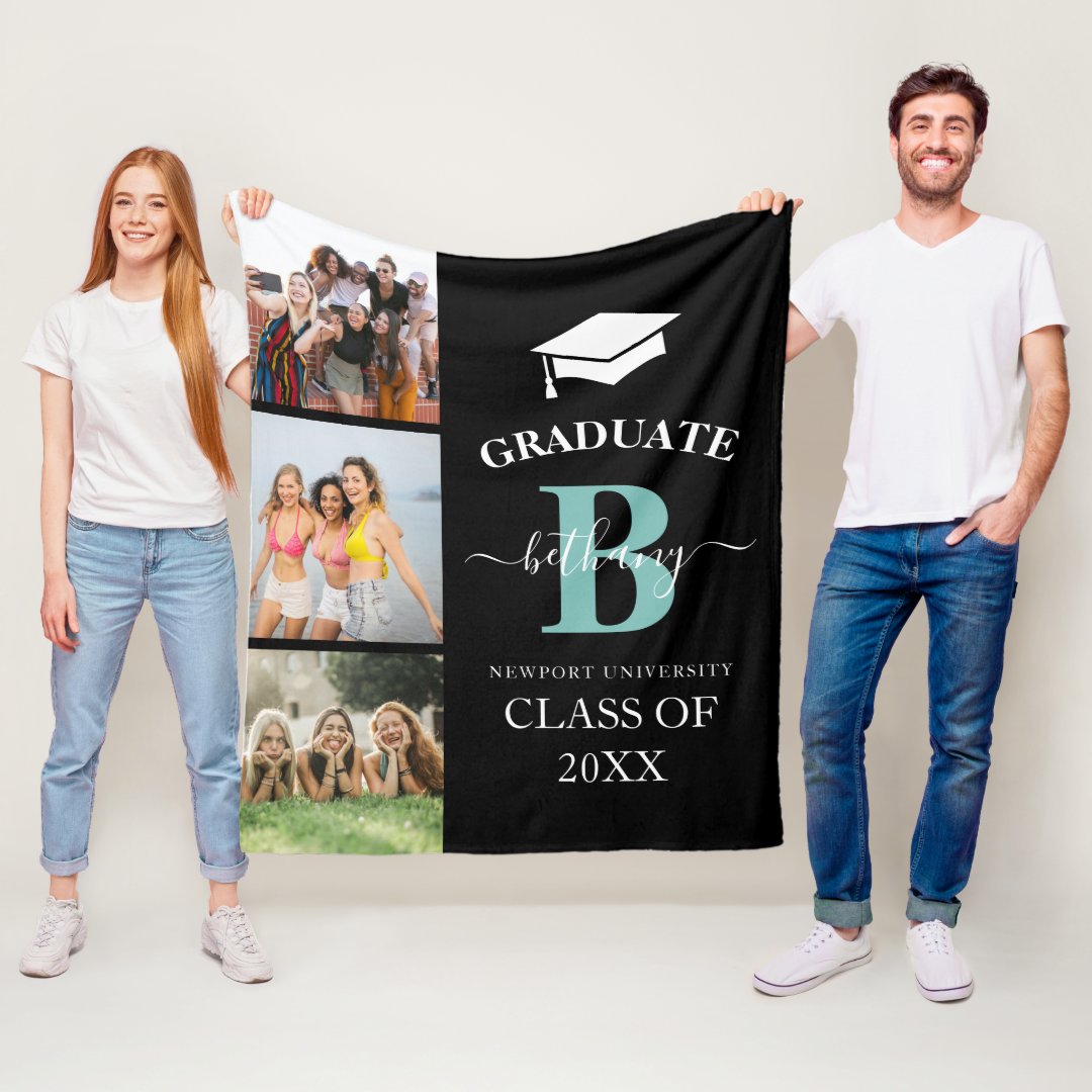 Elegant Graduate Monogram 3 Photo Graduation Fleece Blanket | Zazzle