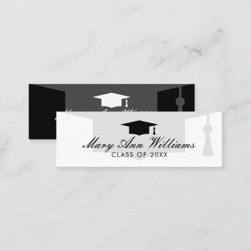Elegant graduate name cards with academic cap logo