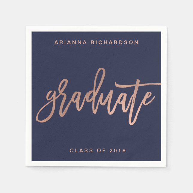 Elegant Graduate | Navy Blue and Faux Rose Gold Napkins (Front)