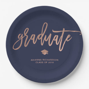 Elegant Graduate Navy Blue and Faux Rose Gold Paper Plates