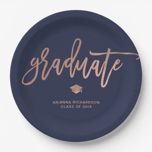 Elegant Graduate  Navy Blue and Faux Rose Gold Paper Plates