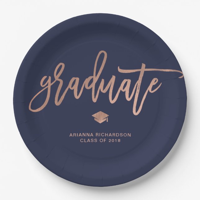 Elegant Graduate | Navy Blue and Faux Rose Gold Paper Plates (Front)