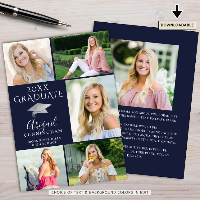 Elegant Graduate Navy Blue Silver 6 Photo Collage Announcement (Creator Uploaded)