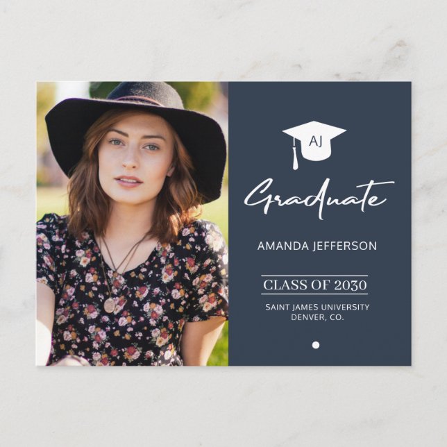 Elegant graduate navy photo graduation invitation postcard (Front)
