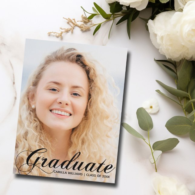 Elegant Graduate Photo 2025 Black Flourish Script Postcard (Creator Uploaded)