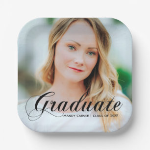 Elegant Graduate Photo Black Script Overlay Party Paper Plates