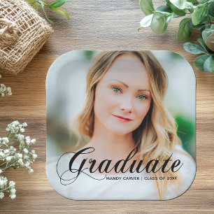 Elegant Graduate Photo Black Script Overlay Party Paper Plates