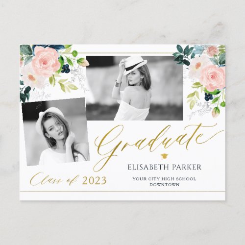 Elegant graduate photo collage floral graduation a announcement postcard