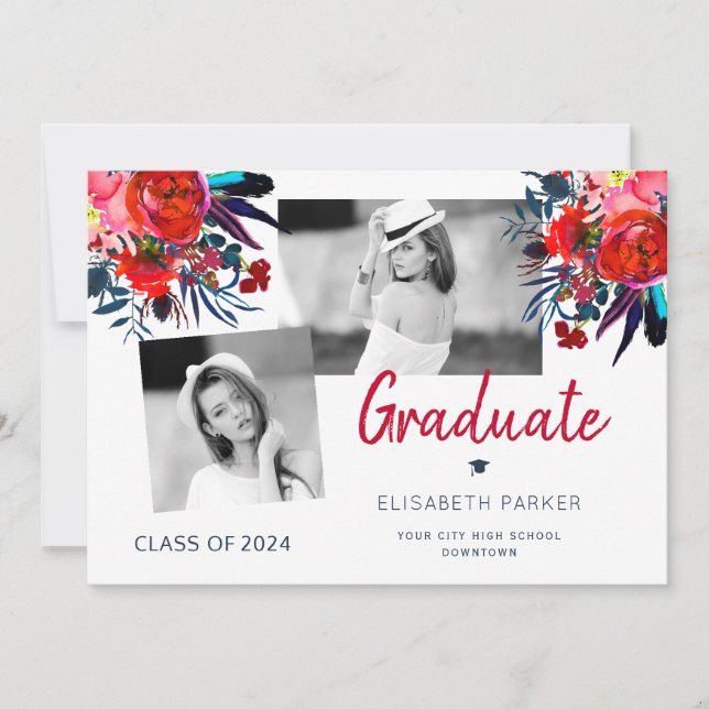 Elegant graduate photo collage floral graduation announcement (Front)