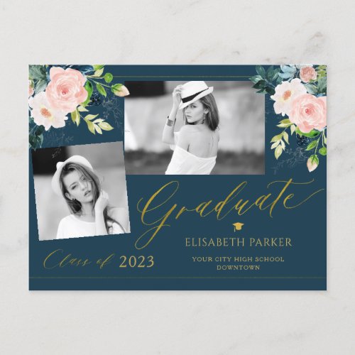 Elegant graduate photo collage floral graduation announcement postcard