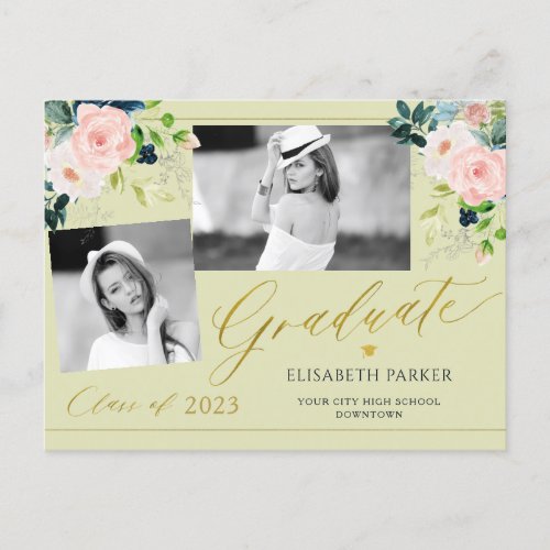 Elegant graduate photo collage floral graduation announcement postcard