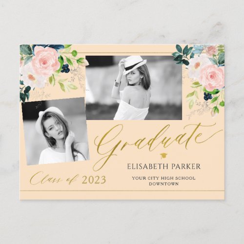 Elegant graduate photo collage floral graduation announcement postcard