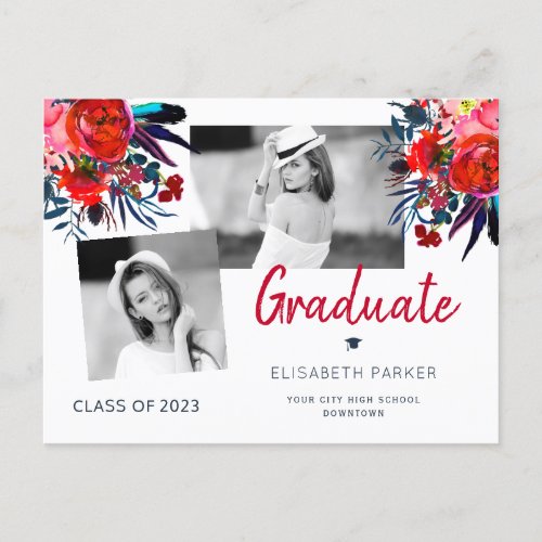 Elegant graduate photo collage floral graduation announcement postcard