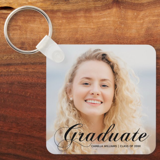 Elegant Graduate Photo Custom Flourish Script Keychain (Front)