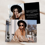 Elegant Graduate Photo Graduation Announcement<br><div class="desc">Modern graduation announcement featuring the graduate's full-bleed horizontal photo on the front with "Graduate" displayed in an elegant white text overlay. Personalize the front of the simple graduation announcement with the graduate's name and graduation year. The announcement reverses to display an additional photo with your personal message. The 2 photo...</div>