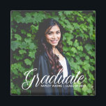 Elegant Graduate Photo Graduation Announcement Magnet<br><div class="desc">This elegant white typography overlay photo graduation party magnet features chic white script over your high school or college graduate photograph for the senior class of 2024. Customize with your name and class under the lovely calligraphy for your celebration.</div>