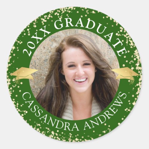 Elegant Graduate Photo Green Gold Cap Classic Round Sticker
