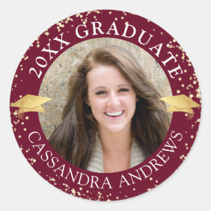 Elegant Graduate Photo Maroon Gold Cap Classic Round Sticker