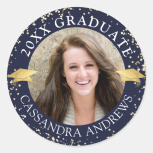 Elegant Graduate Photo Navy Blue Gold Cap Classic Round Sticker