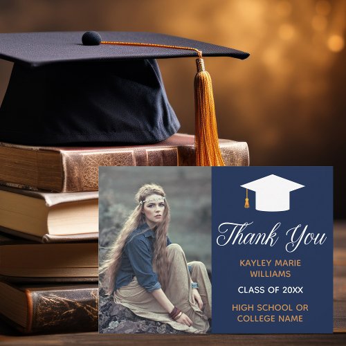 Elegant Graduate Photo Navy Blue Gold Graduation Thank You Card