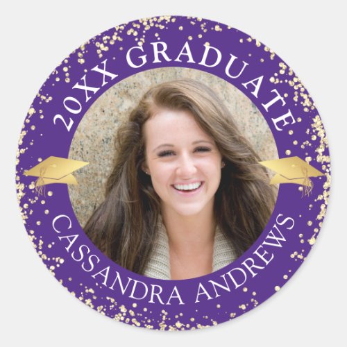 Elegant Graduate Photo Purple Gold Cap Classic Round Sticker