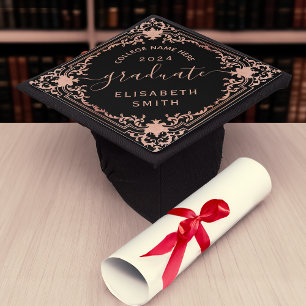 Elegant Graduate Pink Black Vintage Rose Gold Girl Graduation Cap Topper