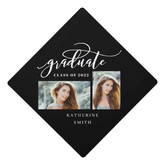 Elegant Graduate Script 2 Photo Collage Graduation Cap Topper (Front)