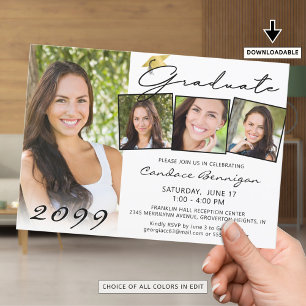Elegant Graduate Script 4 Photo Gold Cap Invitation