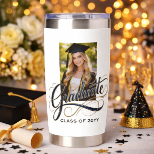 Elegant Graduate Script Artwork with Photo Feature Insulated Tumbler