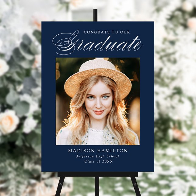 Elegant Graduate Script Navy Photo Graduation Foam Board (Creator Uploaded)