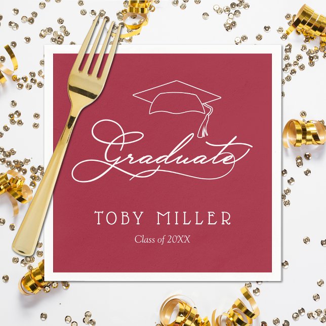 Elegant Graduate Script on Crimson Red Graduation Napkins (White script grad cap on crimson red personalized graduation napkins, paper plates in our store)